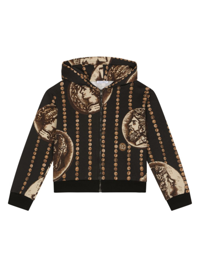 Dolce & Gabbana Kids' Zip-up Hoodie With All-over Coin Print In Black