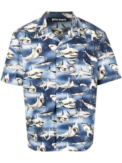 Palm Angels Shark Print Shirt In Blue
