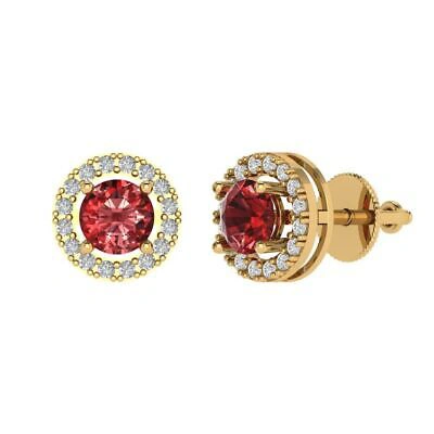 Pre-owned Pucci 1.6 Round Halo Classic Designer Stud Natural Red Garnet Earrings 14k Yellow Gold