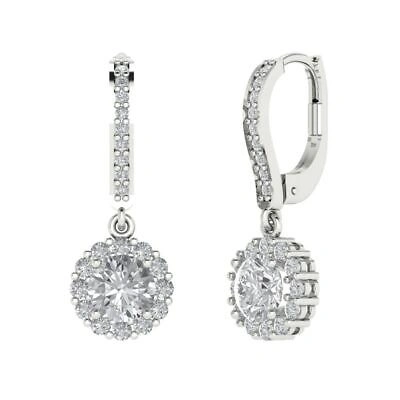 Pre-owned Pucci 3.55 Round Halo Drop Dangle Earrings 14k White Gold Lab Created White Sapphire
