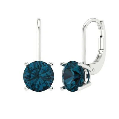 Pre-owned Pucci 4.0 Round Solitaire Classic Drop Dangle Royal Blue Topaz Earrings 14k White Gold