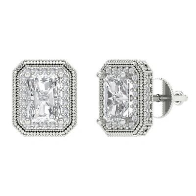 Pre-owned Pucci 3.98 Emerald Round Halo Stud Earrings 14k White Gold Lab Created White Sapphire