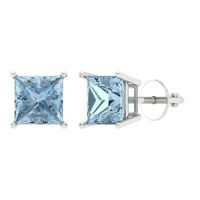 Pre-owned Pucci 3 Princess Cut Solitaire Classic Stud Natural Aquamarine Earrings 14k White Gold In D