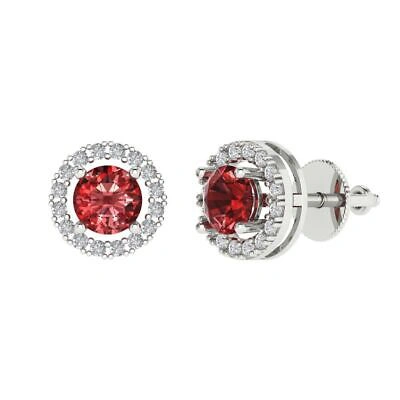 Pre-owned Pucci 1.6 Round Halo Classic Designer Stud Natural Red Garnet Earrings 14kwhite Gold