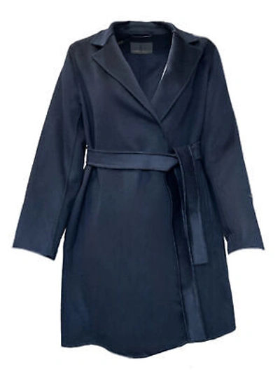 Pre-owned Marina Rinaldi Women's Navy Tevere Wool Lapel Collar Belted Coat In Blue