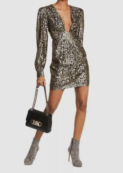 Pre-owned Michael Kors $395  Women Black Metallic Cheetah Plunging Neck Mini Dress Size 12