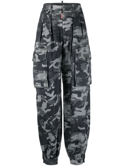 Dsquared2 Camouflage Printed Wide Leg Cargo Pants In Grey