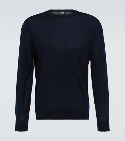 Zegna Crew-neck Ribbed Wool Jumper In Blue