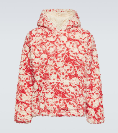 Erl Printed Fleece Hoodie In Red,ivory