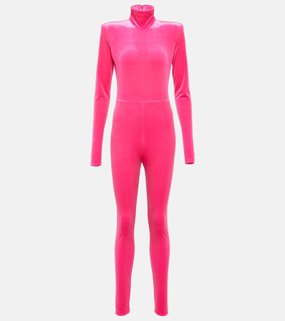 Alexandre Vauthier Turtleneck Velvet Jumpsuit In Neon Pink