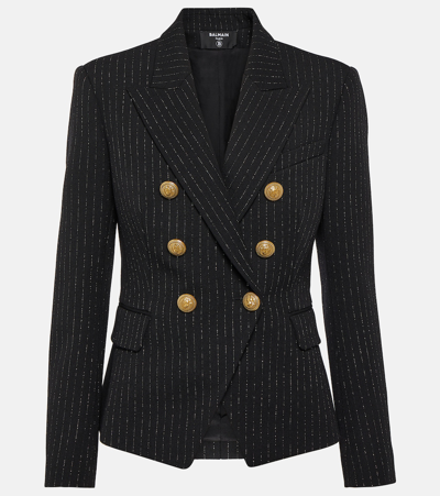 Balmain Double-breasted Pinstriped Virgin Wool Blazer In Negre