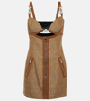 Versace Embellished Leather-trimmed Cutout Canvas-jacquard Mini Dress In Brown