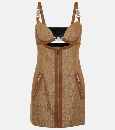 Versace Embellished Leather-trimmed Cutout Canvas-jacquard Mini Dress In Beige