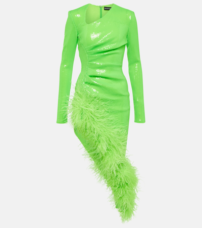 David Koma Asymmetric Feather-trimmed Midi Dress In Green