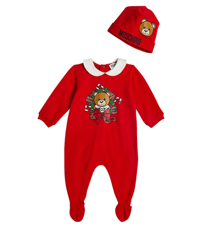 Moschino Baby Printed Onesie And Beanie Set In Red