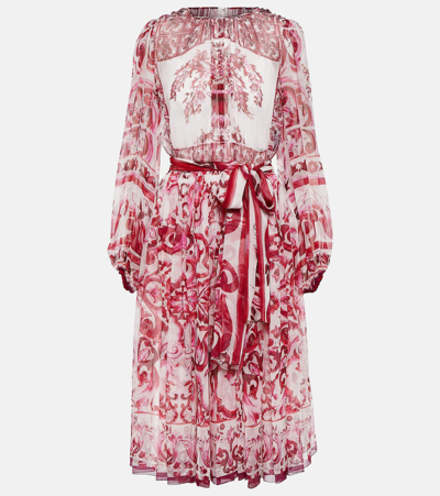 Dolce & Gabbana Majolica-print Long-sleeve Belted Chiffon Midi Dress In Tris_maioliche_fuxia