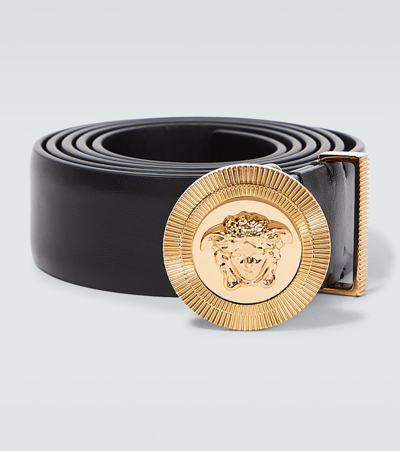 Versace Men's Medusa Biggie Leather Belt In Black  Gold