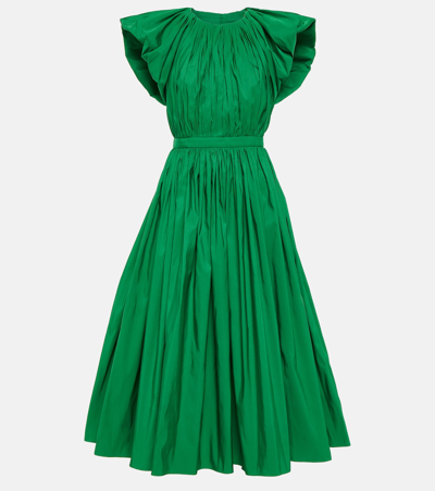 Alexander Mcqueen Pleated Midi Dress With Exaggerated Puff Sleeves In Green