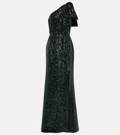 Elie Saab Asymmetric Sequin Velvet Gown In Greenblack