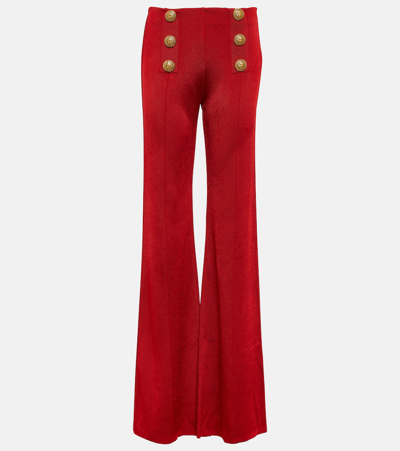 Balmain High-rise Flared Knit Trousers In Red