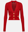 Balmain Cropped Button-embellished Ribbed Pointelle-knit Cardigan In Red