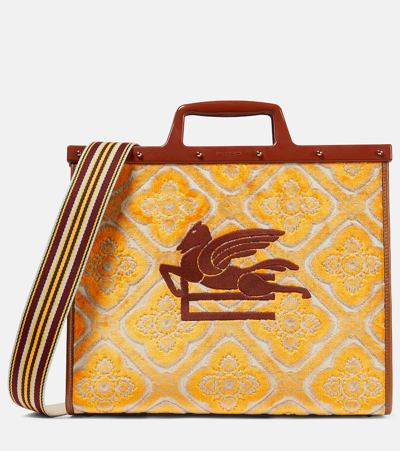 Etro Paisley Leather-trimmed Tote Bag In Beige