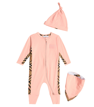 Burberry Baby  Check Romper, Beanie And Bib Set In Pink