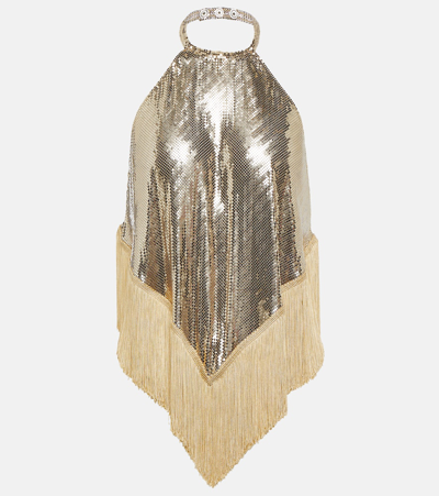 Rabanne Fringe-trimmed Sequined Halter Top In Light Gold