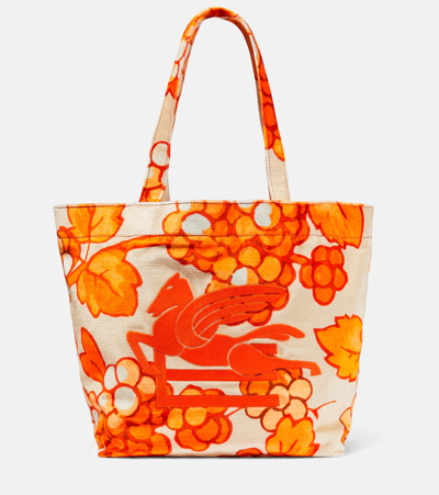 Etro Pegaso Leather-trimmed Tote Bag In Orange