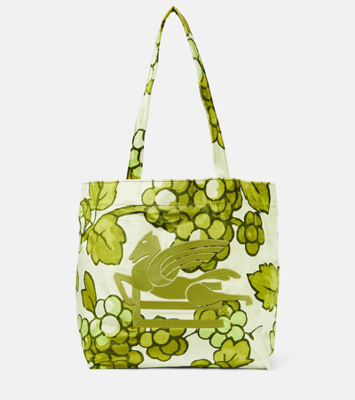 Etro Pegaso Leather-trimmed Tote Bag In Green