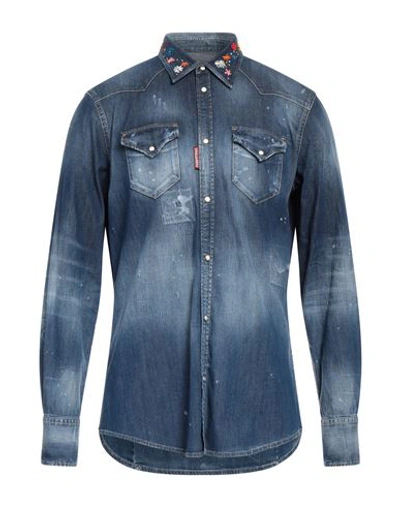 Dsquared2 Man Denim Shirt Blue Size 42 Cotton, Elastane