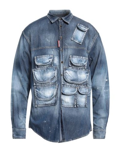 Dsquared2 Man Denim Shirt Blue Size 38 Cotton, Elastane