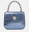 Versace La Medusa Metallic Leather Mini Bag In Blue