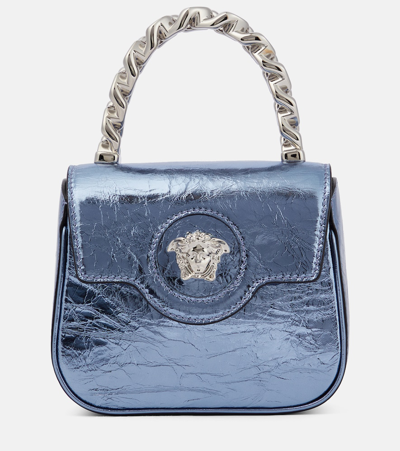Versace La Medusa Metallic Leather Mini Bag In Blue