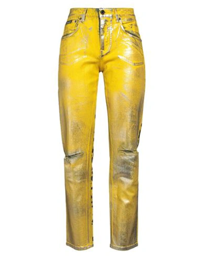 Dolce & Gabbana Yellow Leopard Cotton Straight Denim Jeans