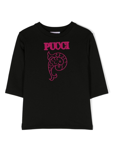 Pucci Junior Kids' Lgoo-print Long-sleeved Dress In Black