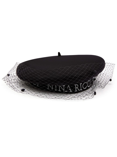 Nina Ricci Mesh-veil Logo-print Beret In Black