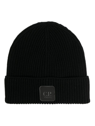 C.p. Company Logo-patch Wool Beanie In Black