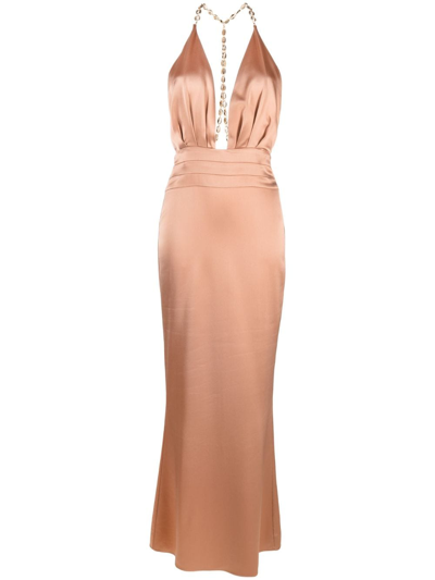 Retroféte Plunging-neckline Satin Gown In Neutrals