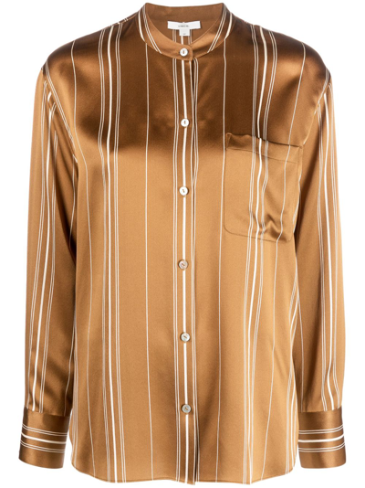 Vince Striped Silk Shirt In Brown