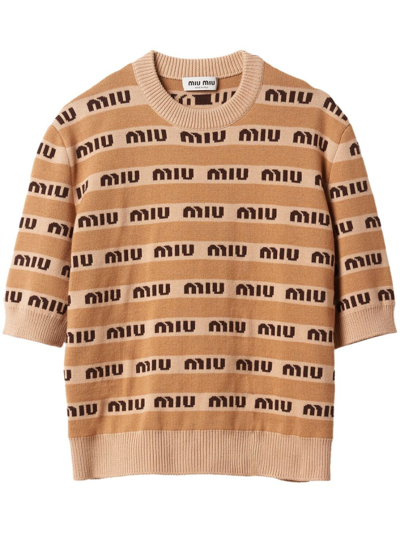 Miu Miu Logo-intarsia Short-sleeve Wool Sweater In Neutrals