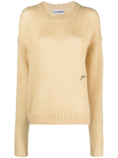 Ganni Logo-embroidered Knitted Jumper In Neutrals