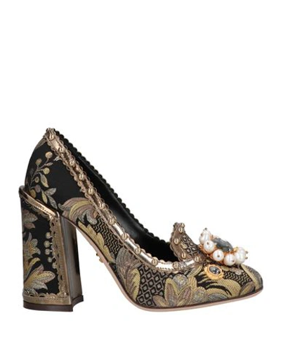 Dolce & Gabbana Gold Crystal Square Toe Brocade Pumps Shoes