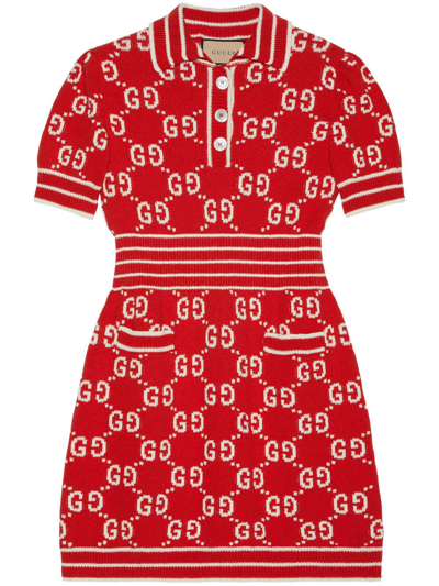 Gucci Gg Damier-jacquard Polo Dress In Red