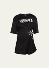 Versace Pin-tucked Jersey T-shirt With Silk Printed Back In Black Multicolor