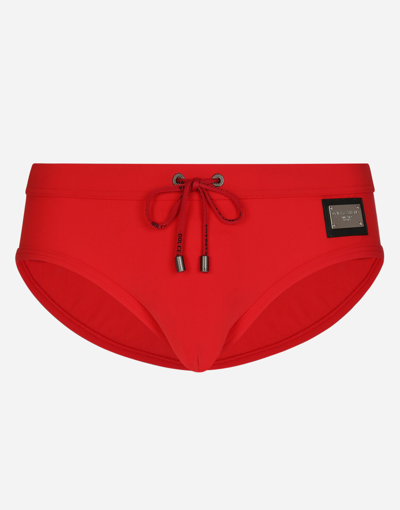 Dolce & Gabbana Swim Briefs With High-cut Leg And Branded Tag In Bordeaux