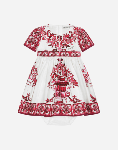 Dolce & Gabbana Babies' Short-sleeved Majolica-print Poplin Dress In Multicolor