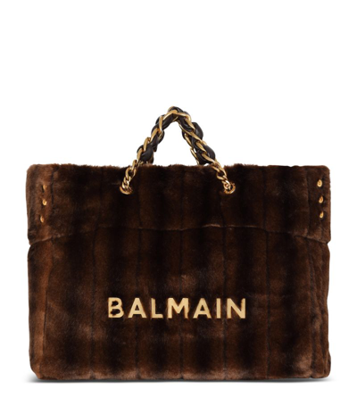 Balmain Large Faux Fur 1945 Tote Bag In Brown