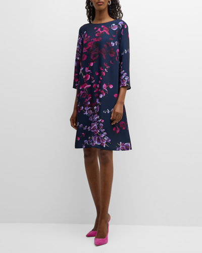 Caroline Rose Autumn Romance Botanical-print Midi Shift Dress In Navy Fuchsia