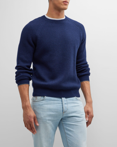 Brunello Cucinelli Men's Raglan Sleeve Ribbed Crewneck Sweater In Blue